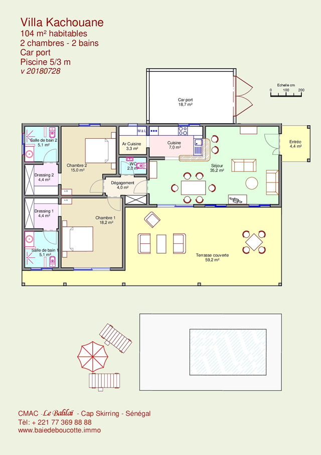 104 m² habitable terrasse 63 m² 2 chambres 2 salle de bain piscine 5/3 mètres garage terrain environ 700 m² bord de mer accès direct